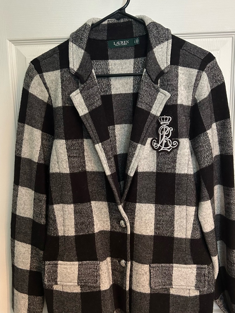 Ralph Lauren Black and White Buffalo Plaid Blazer with Crest